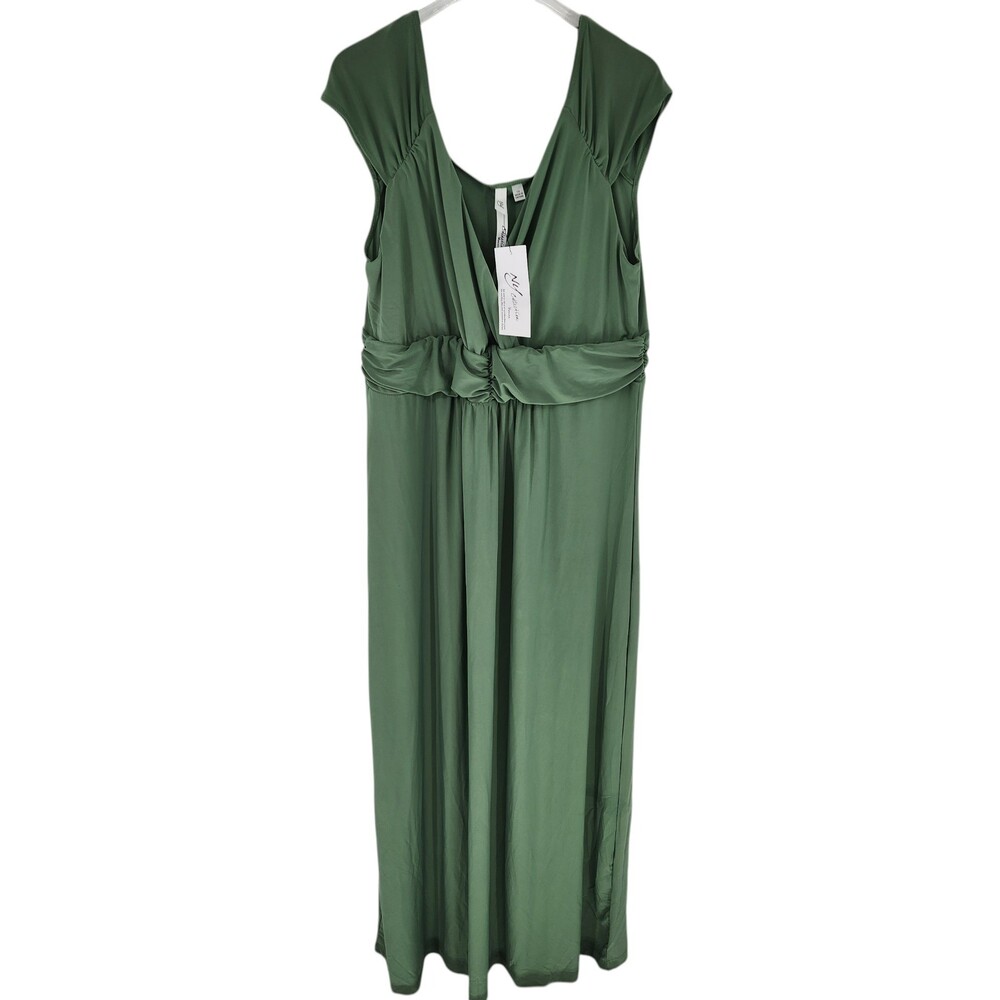NY Collection Plus Size 1X Green Ruched Empire Waist V-Neck Maxi Dress NWT